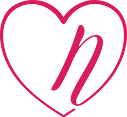 monogram letter N with heart, hand drawing, heart sign