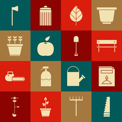 Set Garden saw, A pack full of seeds of specific plant, Bench, Leaf, Apple, Plants in pot, Wooden axe and Shovel icon. Vector