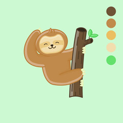 Fototapeta premium Cute cartoon sloth on the tree vector illustration. Animal isolated vector. Flat cartoon style