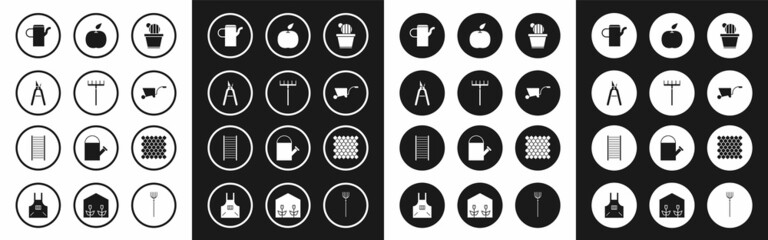 Set Cactus and succulent in pot, Garden rake, Gardening handmade scissors, Watering can, Wheelbarrow, Apple, fence wooden and Wooden staircase icon. Vector