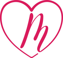 monogram letter m with heart, hand drawing, heart sign