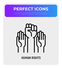 Human rights thin line icon: two raised hands, one with fist. Modern vector illustration.