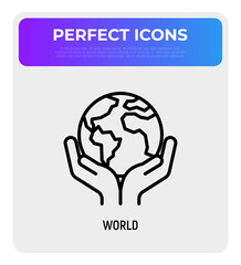 Save planet. Hands holding planet Earth. Environmental economics, social responsibility for nature. Thin line icon. Vector illustration.