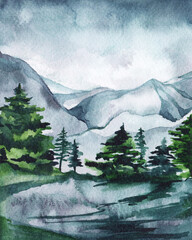 hand-drawn landscape watercolor illustration, mountains, green fir trees, blue color, for advertising, cover, postcard, textiles