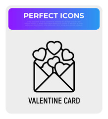 Greeting card thin line icon: open envelope with flying hearts. Valentine card. Modern vector illustration.