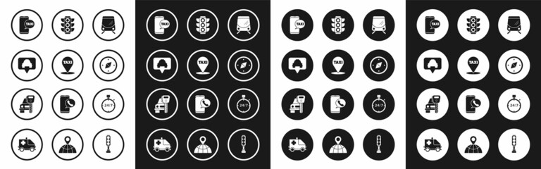 Set Tram and railway, Map pointer with taxi, Taxi call telephone service, Compass, Traffic light, Stopwatch 24 hours and Car rental icon. Vector