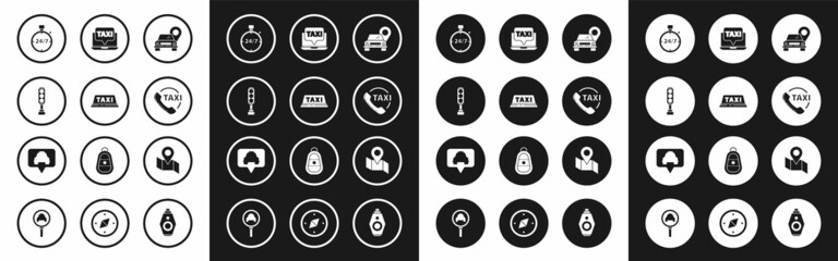 Set Map pointer with taxi, Taxi car roof, Traffic light, Stopwatch 24 hours, call telephone service, Laptop, Folded map location marker and icon. Vector