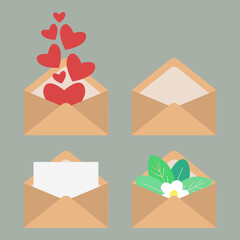 Collection of envelopes with different messages inside. Letters with hearts, blank paper, flowers, and leaves, empty envelope. 