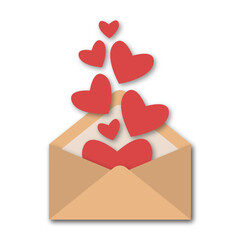 Love letter. Open envelope with many red hearts inside. Mail from a lover. Romantic message. Vector illustration. Design element.