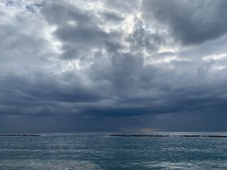 Dark sky sea horizon, natural seascape background, vivid colors