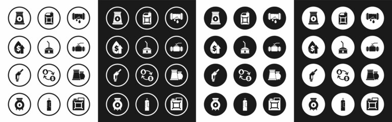 Set Broken metal pipe with leaking water, Oil price increase, and gas industrial factory building, Industry metallic pipes valve, gasoline, and Gasoline pump nozzle icon. Vector