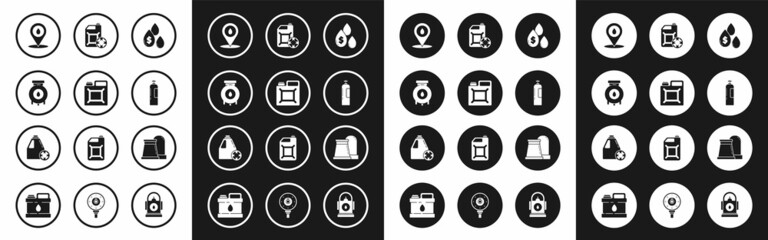 Set Oil drop with dollar symbol, Canister for gasoline, and industrial factory building, Refill petrol fuel location, Industrial cylinder tank, Antifreeze canister, and icon. Vector