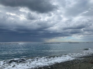 Dark sky sea horizon, natural seascape background, vivid colors