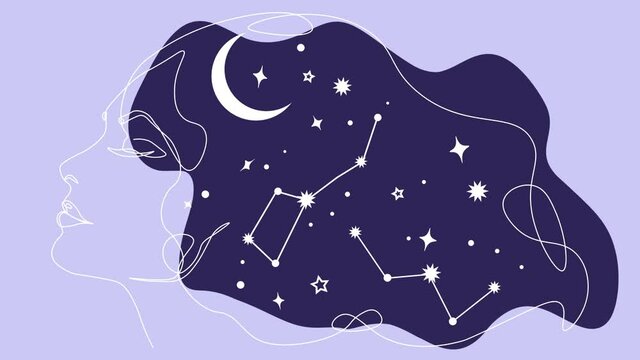 One line abstract animation 2d looped video. Woman face and hair drawn in one line style. Deep purple woman hair with white animated stars, constellation and moon. Stary sky and new moon.