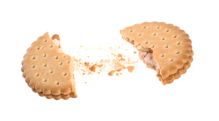 Broken tasty sandwich cookie with cream on white background