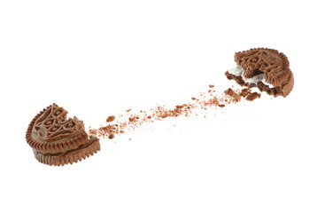 Broken tasty chocolate sandwich cookie with cream on white background