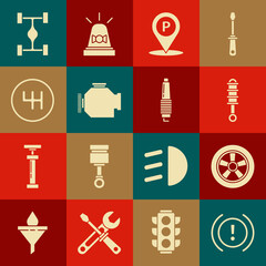 Set Brake system warning, Car wheel, Shock absorber, Location with parking, Check engine, Gear shifter, Chassis car and spark plug icon. Vector