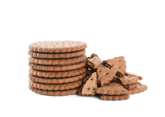 Tasty chocolate sandwich cookies with cream on white background