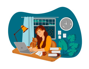 Illustration Woman at the computer with a cat. Online learning