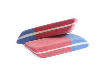 New double erasers isolated on white. School stationery