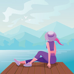 Fototapeta premium Vector illustration of a girl resting on the shore.
