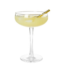 Glass of delicious bee's knees cocktail with ice and golden straw isolated on white