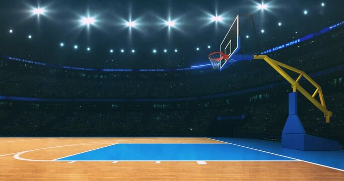 Spotlights shining above the basketball court and basket on the right side. Sport arena lighting up in 4k background animation.