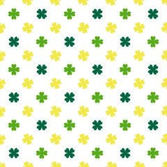 Saint Patrick's Day simple seamless pattern with four-leaf clover leaves on white background. Traditonal spring or summer print for wrapping paper, fabric, web design. Vector flat design illustration