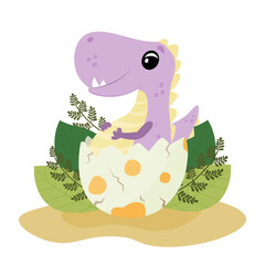 Funny baby dinosaur in an egg shell. A dinosaur hatches from an egg