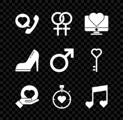 Set Telephone with heart speech bubble, Female gender symbol, Computer monitor, Heart hand, in the center stopwatch, Music note, tone hearts, Woman shoe high heel and Male icon. Vector