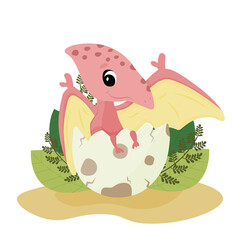 A baby pterodactel sits in an egg shell with its wings spread. A dinosaur hatches from an egg. Baby dragon