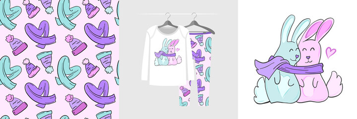 Seamless pattern and illustration set with two cute bunnies in love wrapped in a warm scarf. Baby design pajamas, background for apparel, room decor, tee prints, baby shower, fabric design, wrapping.