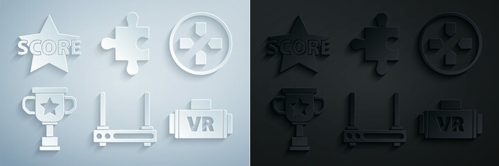 Set Router and wi-fi signal, Gamepad, Award cup, Virtual reality glasses, Piece of puzzle and Star icon. Vector