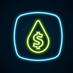 Glowing neon line Oil drop with dollar symbol icon isolated on black background. Oil price. Oil and petroleum industry. Colorful outline concept. Vector