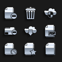 Set Cloud download, Document with star, PDF file document, clock, folder minus, and shield and icon. Vector