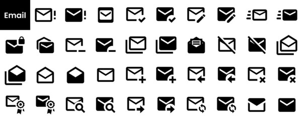 Collection of Email icons. Black flat icon set isolated on white Background