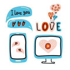 Valentines Day doodle Virtual Love elements, computer Monitor with online video showing sign, Mobile phone, Speech bubble, Lettering Love and Balloons heart. Hand drawn vector linear, flat vector.