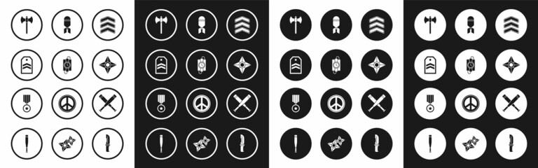 Set Military rank, dynamite stick and timer clock, Chevron, Medieval axe, Japanese ninja shuriken, Aviation bomb, Crossed baseball bat and reward medal icon. Vector © Oksana