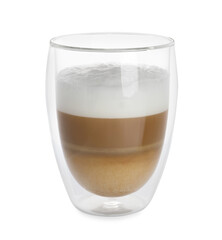 Glass cup of aromatic coffee with milk isolated on white