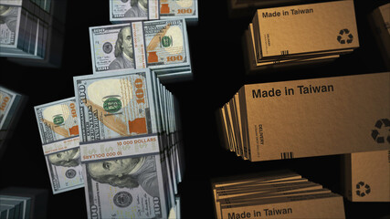 Made in Taiwan box and US Dollar money pack 3d illustration