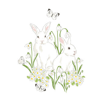 Cute bunny in Spring Bloomy garden with Snowdrops florals and butterfly hand drawn vector illustration isolated on white. Vintage delicate romantic nature print poster card
