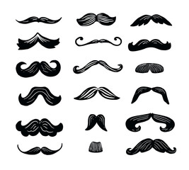 Set of black mustache icons on white background hand drawn