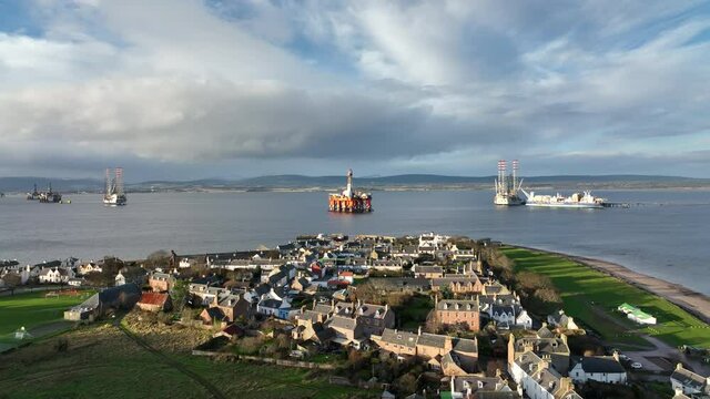 Oil Rigs in the Distance Beyond Cromarty Town in Scotland