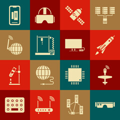 Set Smart glasses, UAV Drone, Rocket ship with fire, Satellite, 3D printer, Social network, Smartphone, mobile phone and Tv icon. Vector