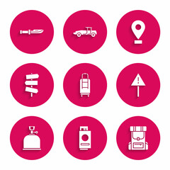 Set Suitcase, Passport with ticket, Hiking backpack, Exclamation mark triangle, Camping gas stove, Road traffic signpost, Location and knife icon. Vector