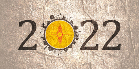 2022 year number with industrial icons around zero digit. Flag of New Mexico.