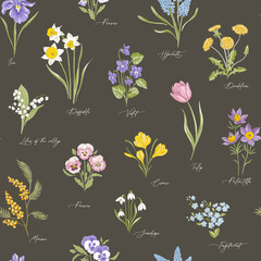 Obraz premium Spring Garden variety flowers on dark colour hand drawn vector seamless pattern. Vintage Romantic Bloom design. Curiosity Cabinet Botanical aesthetic floral print for fabric, scrapbook, wrapping