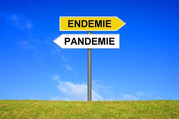 Schild Wegweiser zeigt Pandemie und Endemie