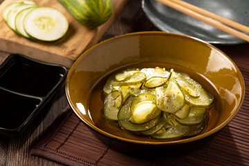 Sunomono. Plate with Japanese cucumber salad.