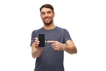 fitness, sport and healthy lifestyle concept - smiling man in sports clothes showing smartphone over white background